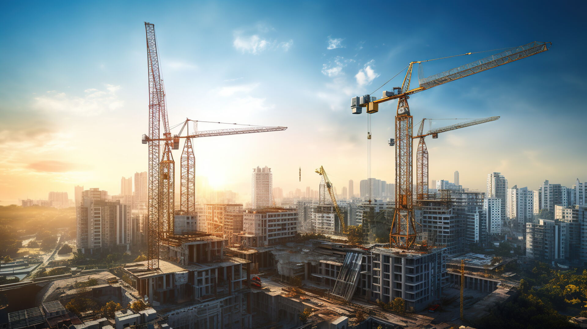 Hochbauprojekte in der Stadt – Kompetenz von Weier Bau Große Baustelle mit mehreren Kränen und Hochhäusern im Bau; ein Projekt von Weier Bau.